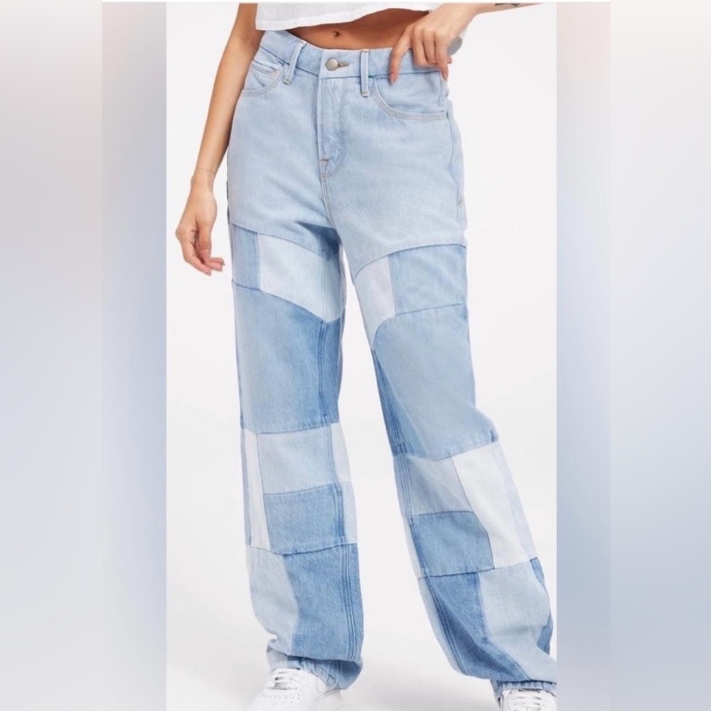 Good American 90’s High Waist Straight Leg Blue Patchwork Jeans Sz‎ 24